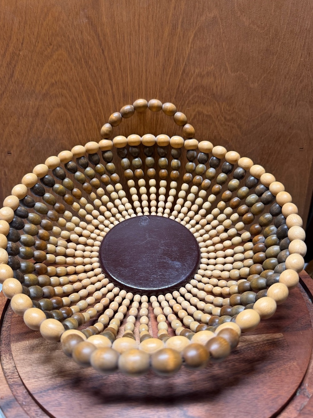 Vintage Mid-Century Wooden Beaded Basket Boho Fruit Bowl with Handles MCM